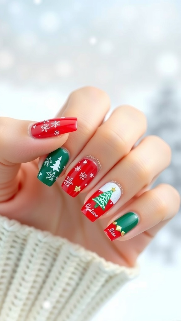 Korean Winter Christmas Nail Art Korean winter Christmas nail art with red and green colors, snowflakes, and Christmas trees.